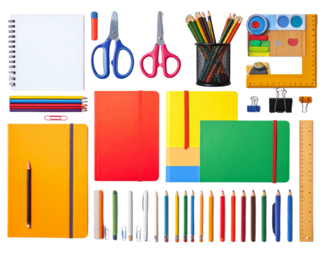 Colorful Stationery Set for Students, Transparent Background
