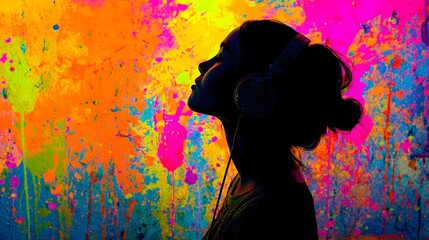 Silhouette of a young person wearing headphones against a vibrant, abstract paint splatter background