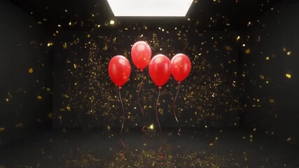 A captivating celebration concept four vibrant red balloons float amidst a dazzling golden confetti cascade in a dramatic dark room, evoking festive luxury and joy - Powered by Adobe