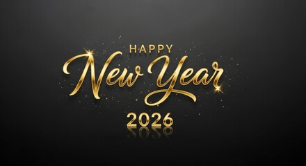 Happy new year greeting card with golden text and sparkling details on a dark background for year 2026