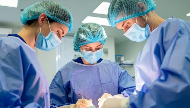 Surgeons operating on a patient. A team of skilled surgeons wearing surgical masks and gowns, working in a sterile operating room setting. - Powered by Adobe