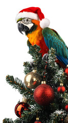 Fototapeta premium Colorful Parrot Wearing Santa Hat on Decorated Christmas Tree