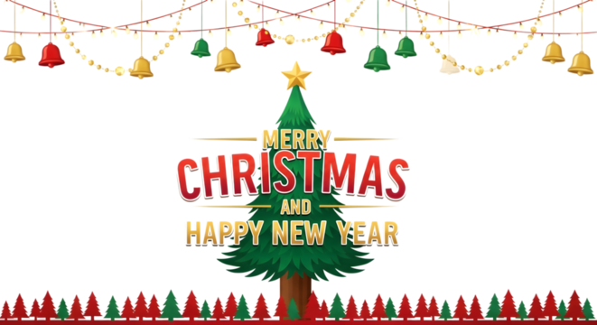 Festive christmas tree with lights and greetings isolated on transparent background