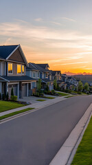 Beautiful sunset casting long shadows over a quiet suburban neighborhood filled with modern houses and well-kept lawns vertical 