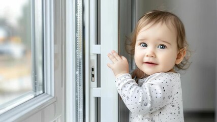 A young child shows curiosity as they reach for a window latch, exploring their home environment during the afternoon light - Powered by Adobe