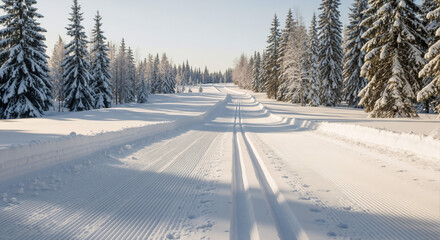 Obraz premium Snow-covered winter landscape with pine trees and ski tracks 