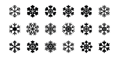 Diverse Collection of Geometric Black Snowflake Icons for Winter Design Projects and Festive Decorations