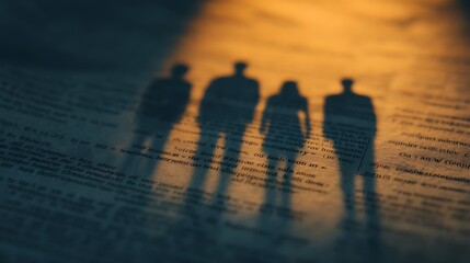 Shadows of four figures cast on a textured surface, evoking a sense of mystery and depth in the interplay of light and dark.