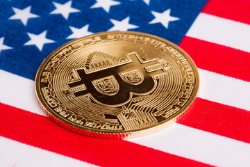 Bitcoin coin on the US flag