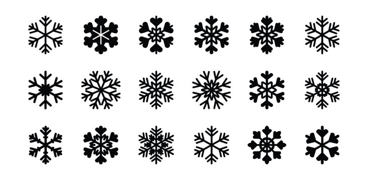 Diverse Collection of Geometric Black Snowflake Icons for Winter Design Projects and Festive Decorations