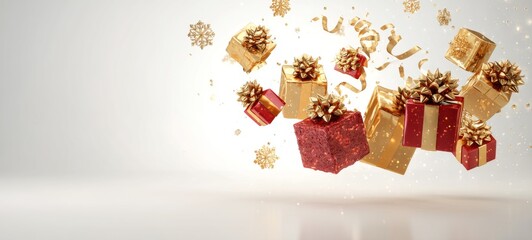 Stylized luxury Christmas gift composition with gold and red wrapping, floating decorations and sparkles on white background, soft spotlight, off-centered negative space for commercial design