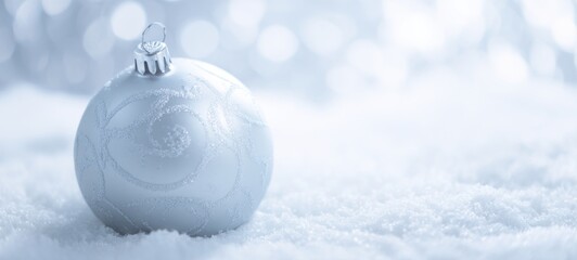 Minimalist Christmas ornament in fresh snow, elegant matte white or silver bauble with subtle patterns, frosty winter atmosphere, cold white and icy blue tones, large negative space for text