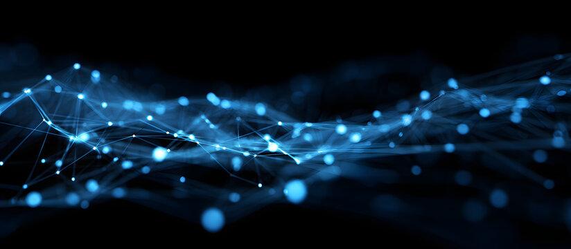 Abstract blue network, digital connection, glowing nodes, dark background, tech website