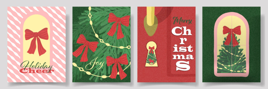 Set of vintage Christmas cards with red bows, garlands, Christmas trees. Poster, banner, background in warm green , red tones. Modern bright Xmas design with hand drawn elements in minimal retro style