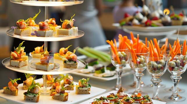 Elegant Tiered Platter of Gourmet Canap&eacute;s with Shrimp and Assorted Appetizers at a Sophisticated Event