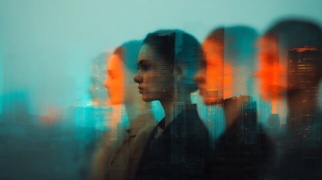 A surreal portrait blending multiple profiles against an urban backdrop, creating a dreamlike atmosphere with vibrant colors.