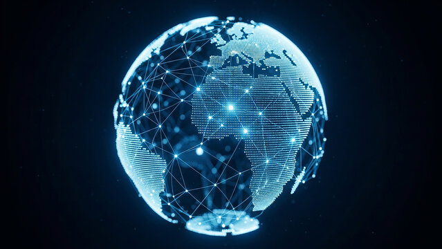 Digital globe with glowing connections and data streams