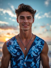 attractive young american guy in blue themed swimwear portrait on beach fun sunset background, facing front and slightly smiling
