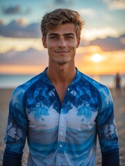 attractive young american guy in blue themed swimwear portrait on beach fun sunset background, facing front and slightly smiling
