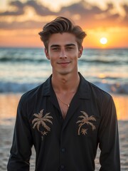 attractive young american guy in black themed swimwear portrait on beach fun sunset background, facing front and slightly smiling