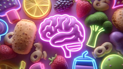 Neon glowing brain symbol surrounded by various food items and produce illuminates a vibrant scene
