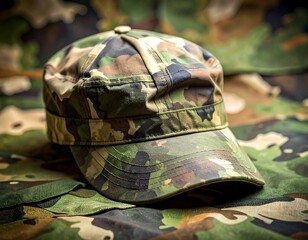 Camouflage patterned cap resting on a matching textured fabric surface; soft focus shot