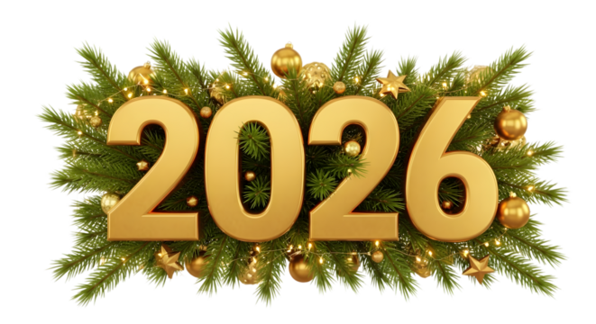 Golden 2026 numbers surrounded by christmas tree branches and lights isolated on transparent background