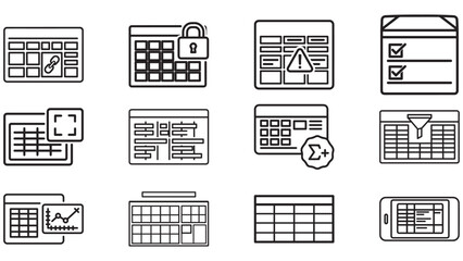 Spreadsheet icons in clean black — grids, cells and pivot tools for data entry, planning, budgeting, and modeling