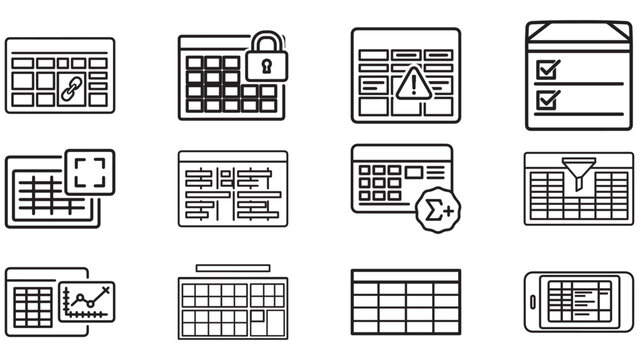 Spreadsheet icons in clean black &mdash; grids, cells and pivot tools for data entry, planning, budgeting, and modeling