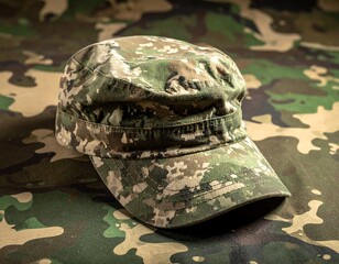 Camouflage patterned hat sitting atop matching camouflage fabric