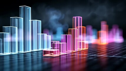 Abstract glowing 3D bar graphs on a reflective grid, colorful data visualization - Powered by Adobe