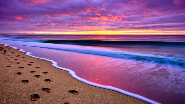 Footprints on a sandy beach at sunset with a vibrant purple-orange sky