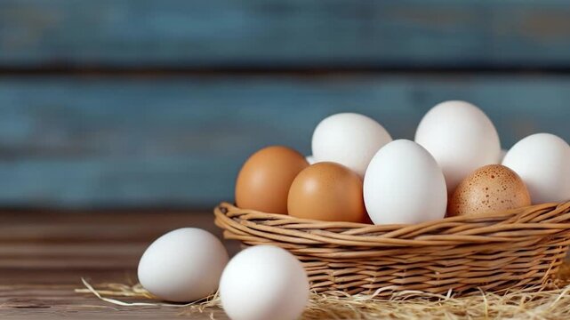 Natural white and brown eggs in basket rustic wooden tabletop food ingredient background