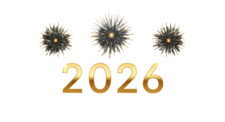 New year 2026 celebration with golden text and snowflakes on a black background for festive cheer on transparent background.