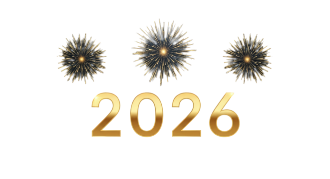New year 2026 celebration with golden text and snowflakes on a black background for festive cheer on transparent background.