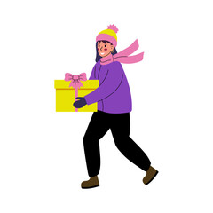 Person joyfully carrying a bright yellow gift in winter attire during a festive season