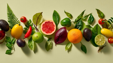 Naklejka premium A vibrant assortment of fruits vegetables and leaves arranged on a light background