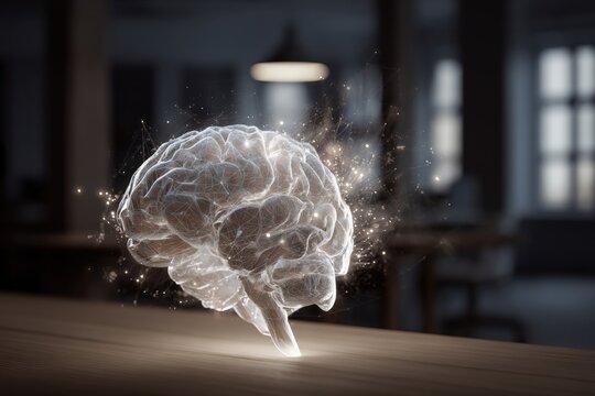 Holographic brain on a table in a modern office