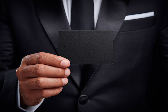 Businessman holding blank black card in formal suit