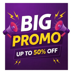 Promotional advertisement featuring the words "BIG PROMO" with a discount of up to 50% off.
