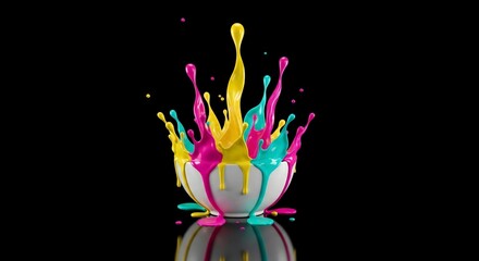 Lively Paint Explosion in Neon Pink from a White Ceramic Bowl