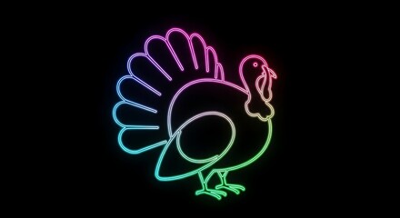 Neon turkey illustration glowing with vibrant colors against a stark black background design