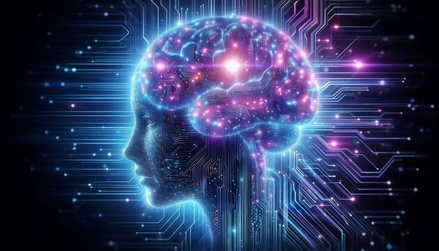Abstract representation of a human brain with glowing circuits and digital connections