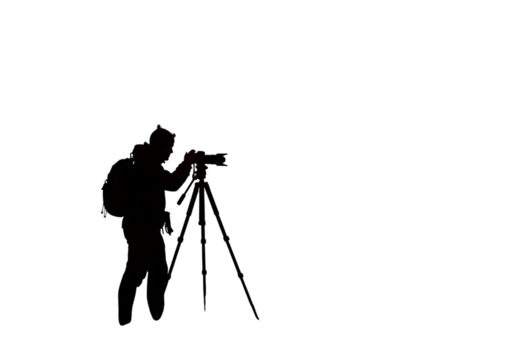 Silhouette of photographer with tripod isolated on transparent background