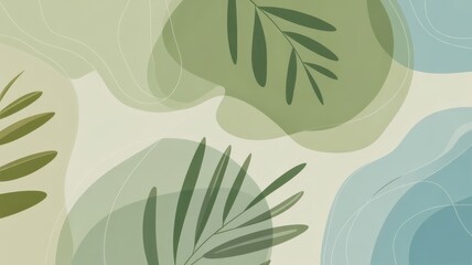 Soft Abstract Organic Shapes With Green Leaves And Blue Waves image