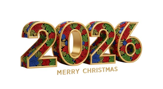 Colorful 2026 merry christmas text isolated on transparent background