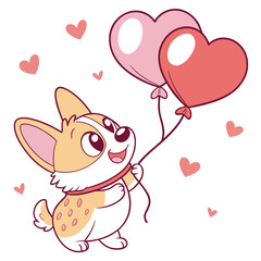Adorable corgi puppy holding heart shaped balloons