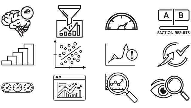 Analysis icons in bold black &mdash; statistics, hypothesis tests and data exploration for research dashboards