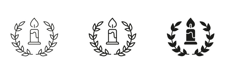 Candle With Laurel Wreath In Line, Outline, And Glyph Icon Set. Celebration, Victory, And Honor Symbol Collection. Decorative And Ceremonial. Isolated Vector Illustration