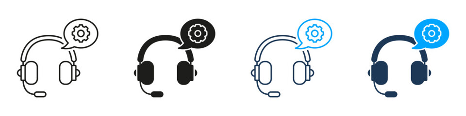 Headset With Target Customer Support Line and Solid Icon Set. Communication Service Help Desk Symbol Collection. Isolated Vector Illustration